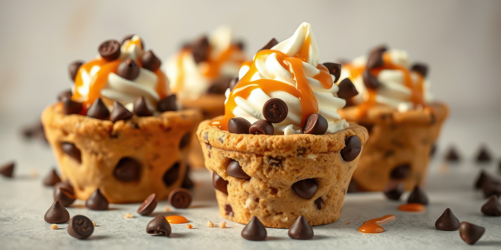 Delicious cookie cups filled with whipped cream, chocolate chips, and caramel drizzle on a neutral background